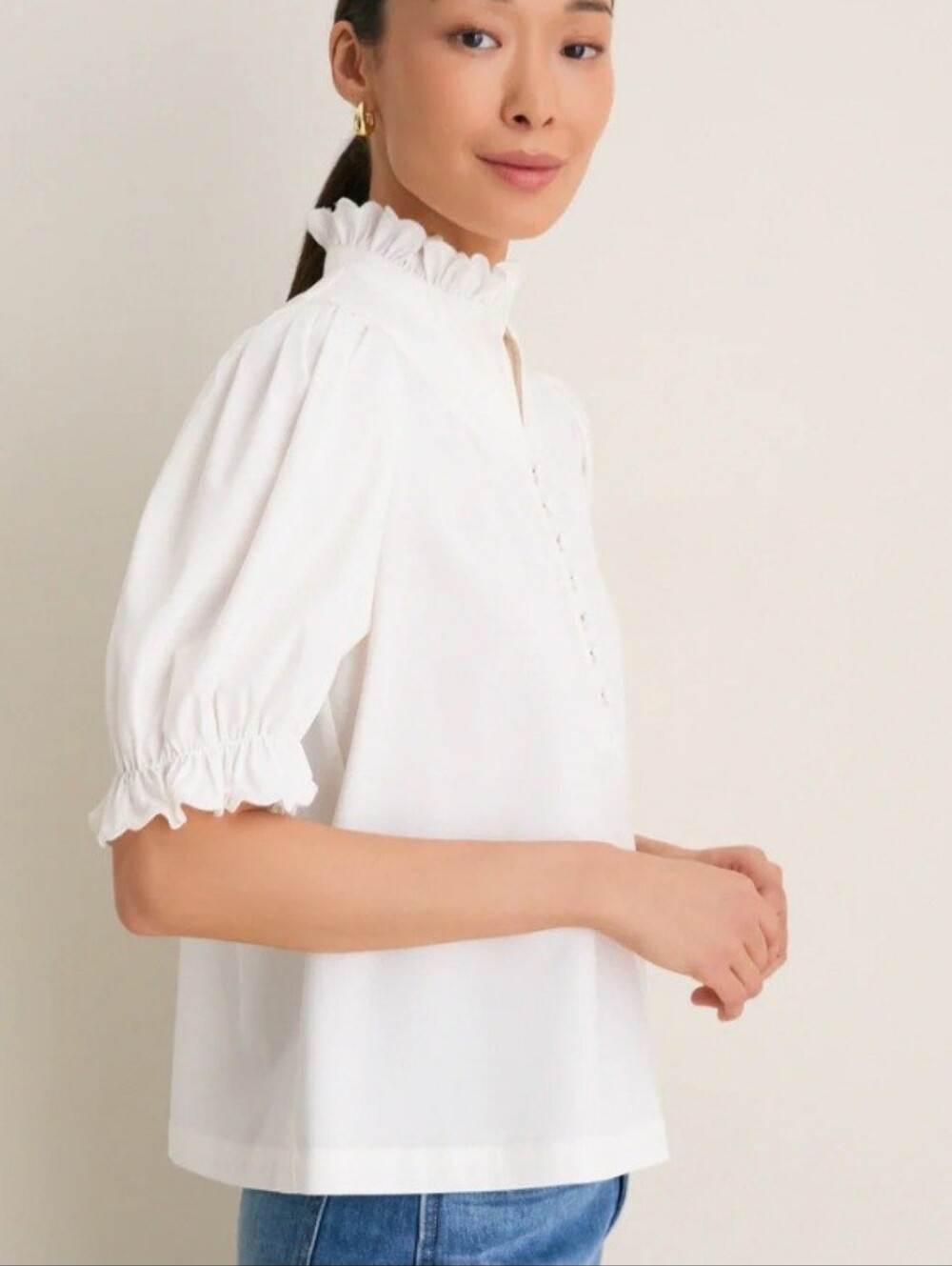 Tuckernuck Pomander Place White Selena Short Puff Sleeve Blouse Size Medium - Picture 3 of 15